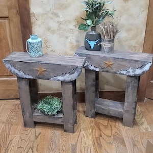 Southwestern Hand Painted Fake cowhide End Side Couch tables Ranch Cabin rustic furniture slim narrow console Star