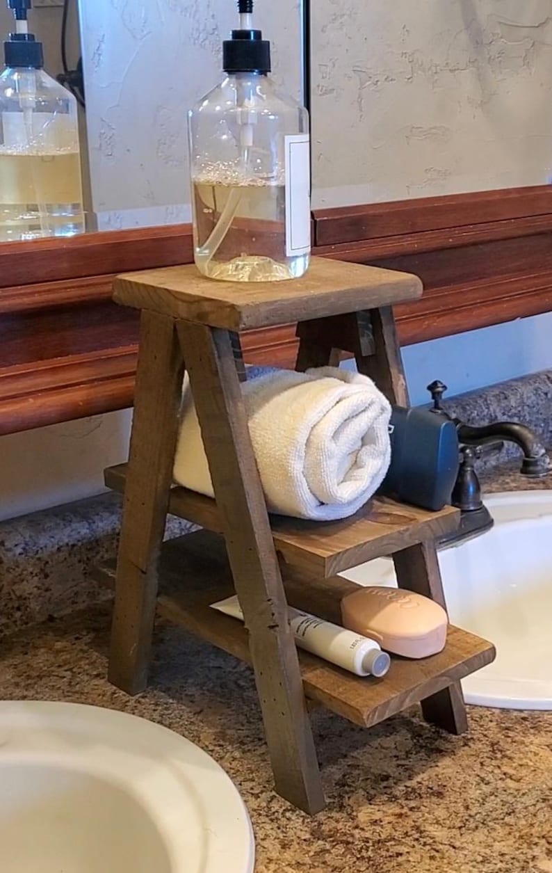 Small countertop Ladder/Riser/Soap Display/towels rack holder shelves 3 Tiered Tabletop Plant Stand Step Style Desktop Storage Organizer image 4
