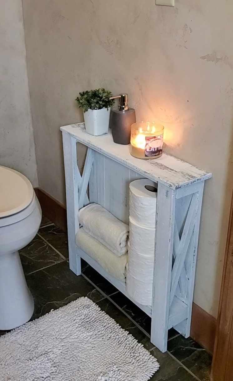 Farmhouse Distressed Narrow End Side Table/bathroom shelf towels toilet paper holder storage slim narrow