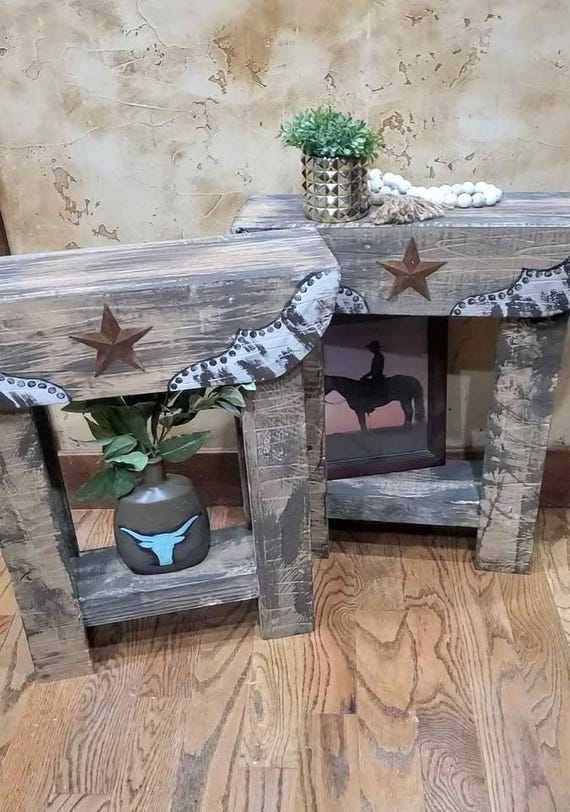 Southwestern Hand Painted Fake cowhide End Side Couch table Ranch Cabin rustic furniture slim narrow console Star