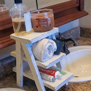 Small countertop Ladder/Riser/Soap Display/towels rack holder shelves 3 Tiered Tabletop Plant Stand Step Style Desktop Storage Organizer image 5