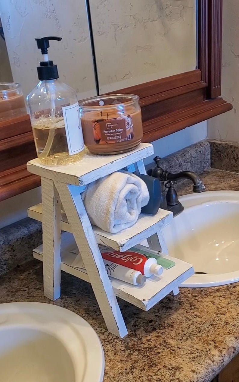 Small countertop Ladder/Riser/Soap Display/towels rack holder shelves 3 Tiered Tabletop Plant Stand Step Style Desktop Storage Organizer image 5