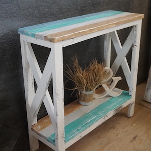 Ocean Beach Coastal Console sofa entryway table tv stand x legs farmhouse white distressed nightstand end side shelf