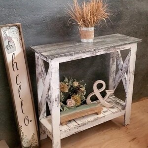 Console sofa entryway table tv stand x legs farmhouse white distressed