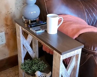 7 inches narrow x legs End Side table nightstand farmhouse distressed Brown top