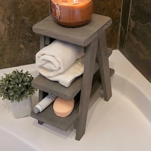 Small countertop Ladder/Riser/Soap Display/towels rack holder shelves 3 Tiered Tabletop Plant Stand Step Style Desktop Storage Organizer image 3