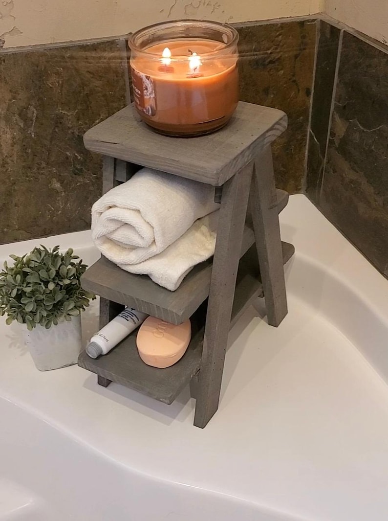 Small countertop Ladder/Riser/Soap Display/towels rack holder shelves 3 Tiered Tabletop Plant Stand Step Style Desktop Storage Organizer image 3
