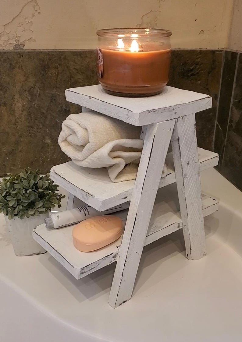 Small countertop Ladder/Riser/Soap Display/towels rack holder shelves 3 Tiered Tabletop Plant Stand Step Style Desktop Storage Organizer image 2