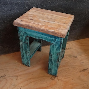 Western Blue Rustic distressed End Side Table Mini Stool Stand