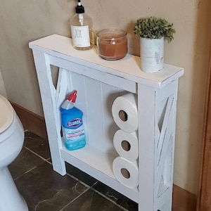 Farmhouse Distressed Narrow End Side Table/bathroom shelf towels toilet paper holder storage slim narrow rental airbnb  furniture