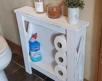 Farmhouse Distressed Narrow End Side Table/bathroom shelf towels toilet paper holder storage slim narrow rental airbnb  furniture