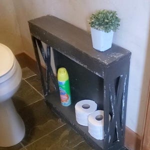 Farmhouse Distressed Narrow End Side Table/bathroom shelf towels toilet paper holder storage slim narrow rental airbnb furniture image 9
