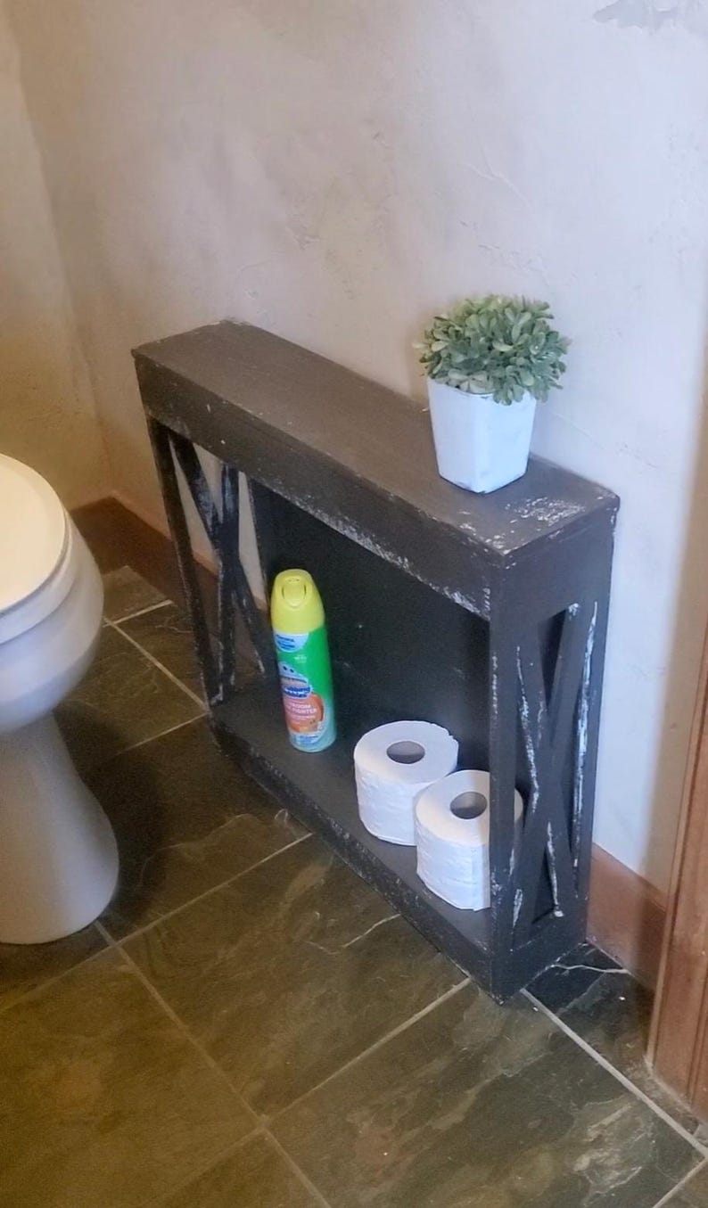 Farmhouse Distressed Narrow End Side Table/bathroom shelf towels toilet paper holder storage slim narrow rental airbnb furniture image 9