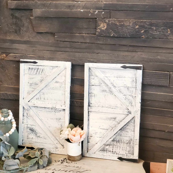 2 light weight thin wood barn doors shutters wall sconces  with fake cardboard hinges