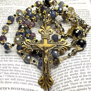 Rosario de zafiro AAA hecho a mano: rosario católico con piedras preciosas multicolores, cuentas de oración con crucifijo antiguo, regalo de confirmación para primera comunión.