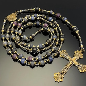 AAA Multicolor Sapphire Rosary - Handmade Catholic Gemstone Rosary with Antique Crucifix, First Communion Confirmation Gift