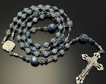 Handmade Blue Aquamarine & Kyanite Rosary – Catholic Prayer Beads, AAA Gemstone Pocket Rosary, First Communion Gift