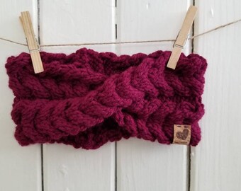 La Frileuse: Burgundy red winter headband in braided knit