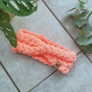 La Frileuse: Neon peach winter headband in hand-braided knit image 1