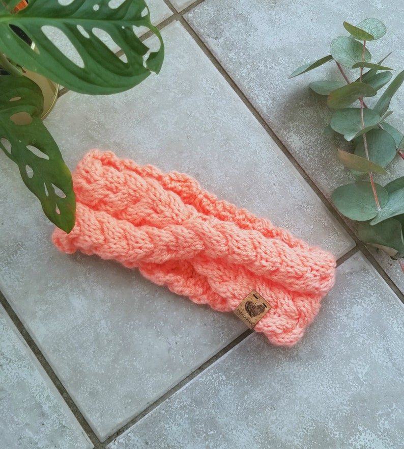 La Frileuse: Neon peach winter headband in hand-braided knit image 1