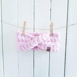 La Frileuse: Neon peach winter headband in hand-braided knit image 4