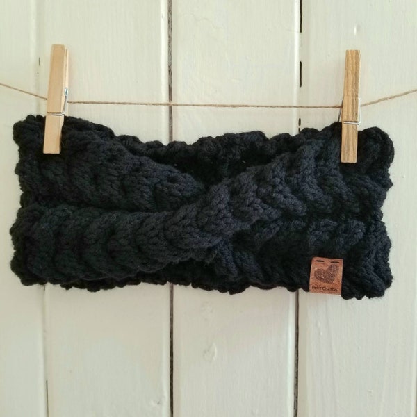 La Frileuse : Bandeau d'hiver  noir en tricot tressé fait à la main