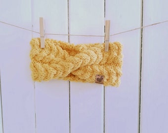 La Frileuse: Yellow winter headband in braided knitted