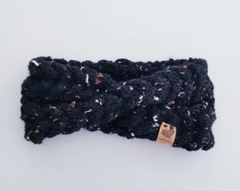 La Frileuse: Handmade braided knit speckled black winter headband