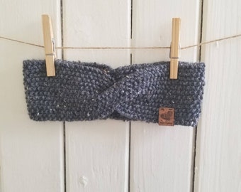 Headband for spring grey speckled stone knitted