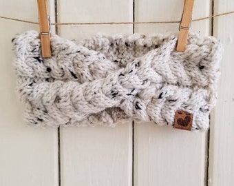 La frileuse: Speckled cream winter headband in braided knit