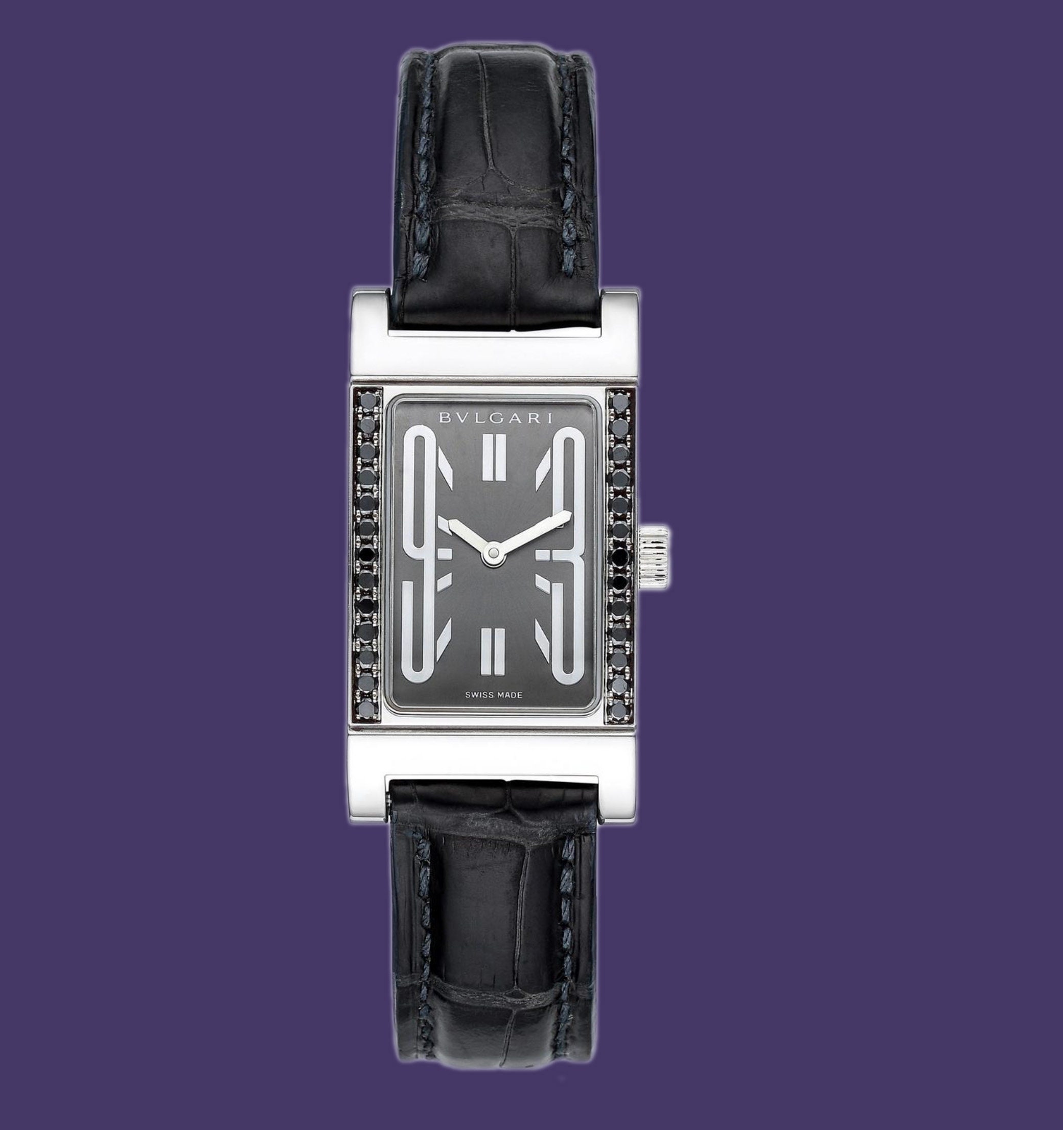 Bvlgari Rettangolo Stainless Steel Watch W black Diamonds box papers Etsy Australia