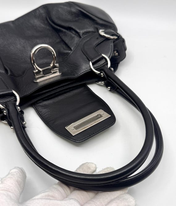 Authentic Salvatore Ferragamo Gancini Handbag Black Color Leather