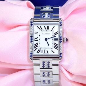 Cartier Tank Solo watch Stainless Steel with Diamonds,Blue Sapphires