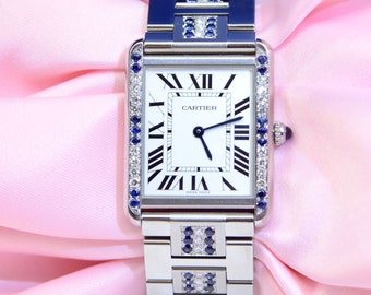 Cartier Tank Solo horloge roestvrij staal met diamanten, blauwe saffieren