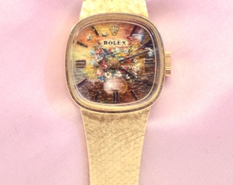 Vintage Women's Rolex 14K Yellow Gold Manual watch w/hand-painted dial