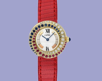 Must De Cartier Trinity Vermeil horloge 18K verguld met diamanten, robijnen, saffier Ref.2735