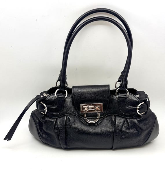 Authentic Salvatore Ferragamo Gancini Handbag Black Color Leather