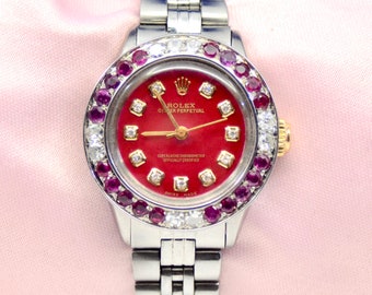 Frauen Replikat Oyster Perpetual Armbanduhr aus Edelstahl mit Diamanten,Rubine