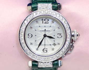 Montre automatique Cartier Pasha pour femme en or blanc 18 carats avec diamants Ref.2528