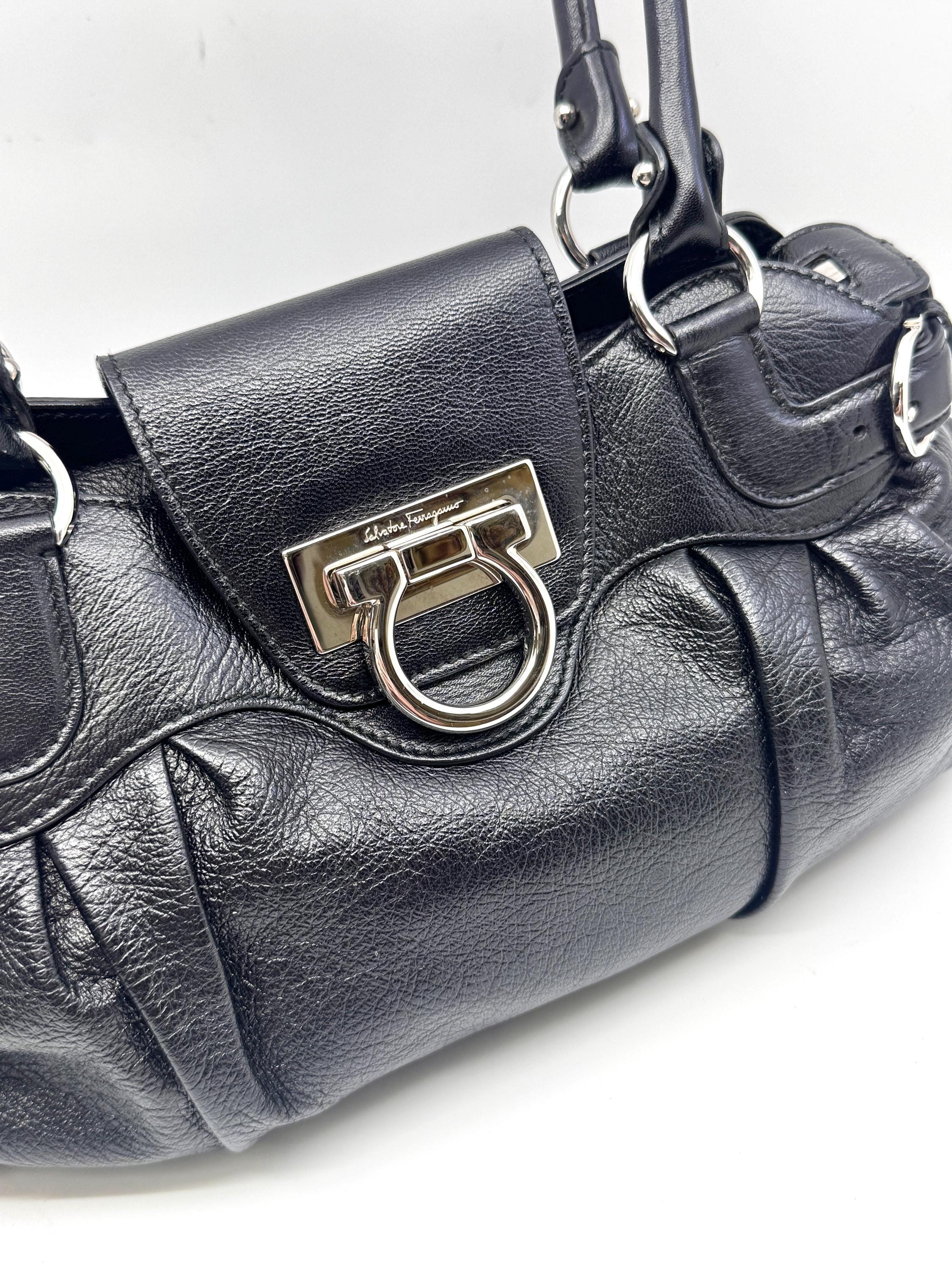 Authentic Salvatore Ferragamo Gancini Handbag Black Color Leather