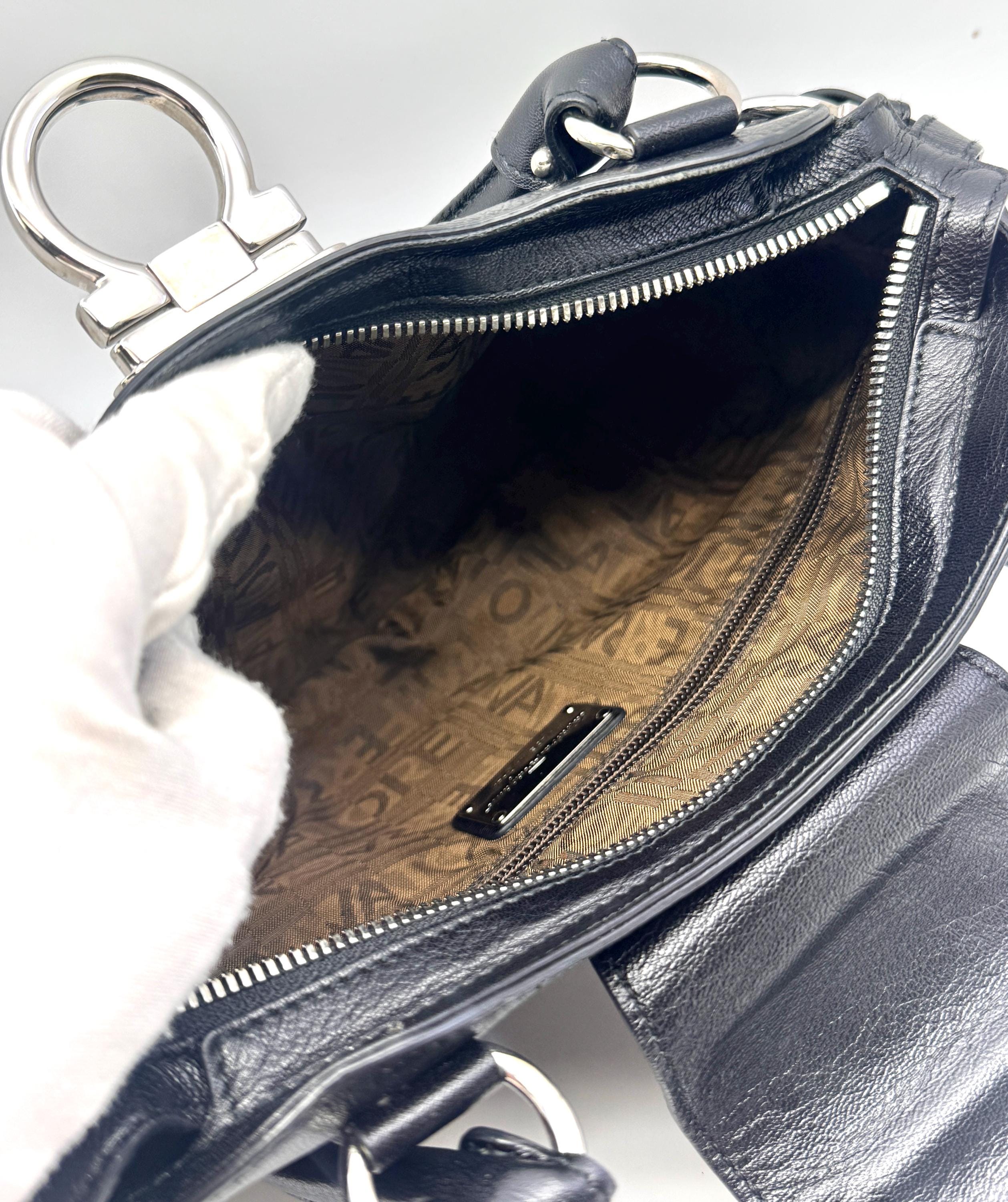 Authentic Salvatore Ferragamo Gancini Handbag Black Color Leather
