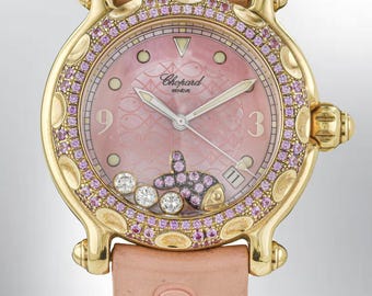 2000s Chopard "Happy Sport" watch in 18K Yellow Gold w/Sapphires Ref.28/3550-42
