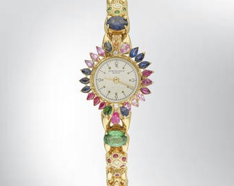 Vintage 1950s Ladies Patek Philippe Geneve 18K Yellow Gold watch w/ColorStones
