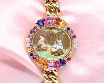 Rare Vintage Women Cartier 18K Yellow Gold watch w/Diamonds, Rubies, Sapphires