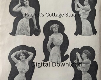 Może przedstawiać: Kolekcja pięciu czarno-białych fotografii vintage przedstawiających osoby w gorsetach i sukniach, rozmieszczonych na jasnym tle z tekstem Rachel's Cottage Studio Digital Download nałożonym na środek obrazu.