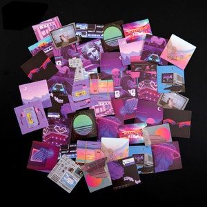 May include: A selection of square stickers with a retro-futuristic design. The stickers depict sunsets, vintage electronics, and geometric shapes in purple, pink, and teal. Some stickers include Japanese text.