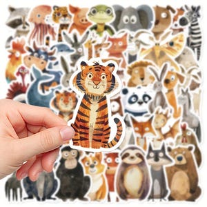 Aquarel dieren stickers – 50 motieven | Schattige dieren in cartoonstijl, vinyl, ca. 3-6 cm, mat, zelfklevend, cadeau voor kinderen, scrapbooking