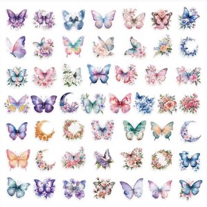May include: A collection of colorful butterfly stickers in various sizes and designs. The stickers feature watercolor illustrations of butterflies with floral accents, in shades of pink, blue, purple, and green. Some stickers include crescent moons and floral wreaths.