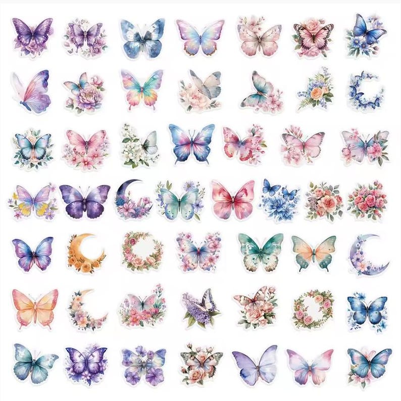 May include: A collection of colorful butterfly stickers in various sizes and designs. The stickers feature watercolor illustrations of butterflies with floral accents, in shades of pink, blue, purple, and green. Some stickers include crescent moons and floral wreaths.