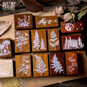 Sello de madera, bosque - scrapbooking, sello de madera, plantas, arbusto, ginkgo, luna